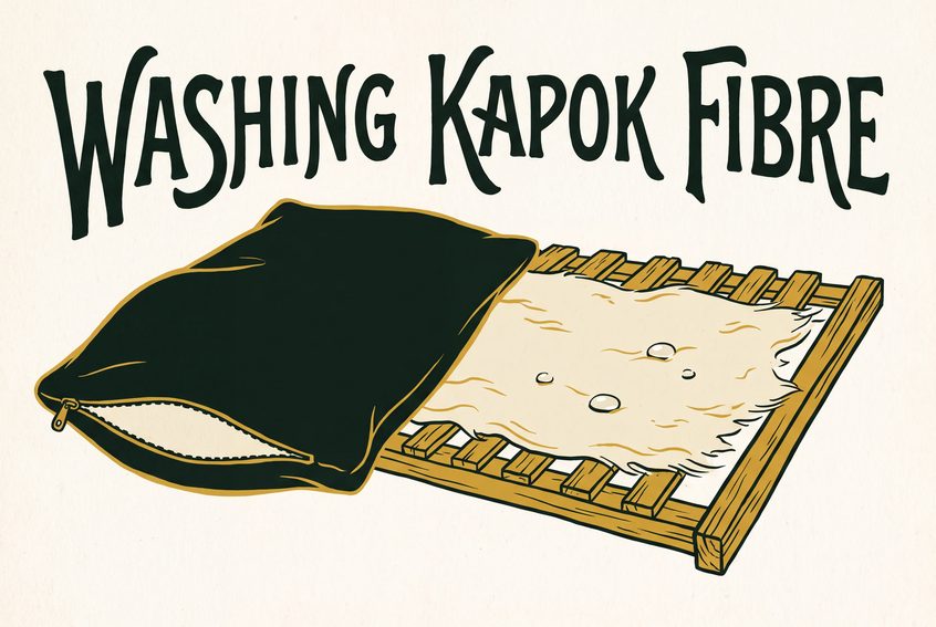 An empty cotton pillow cover next to a thin layer of fluffy, off-white kapok fibre drying on a wooden rack, with round water drops sitting on the fibre instead of soaking in.