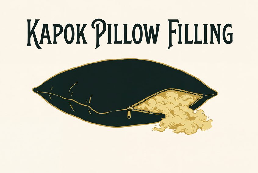 A flat rectangular cotton pillow on a plain surface, its side zip open along one edge, with a small mound of pale fluffy kapok fibre lying next to it.