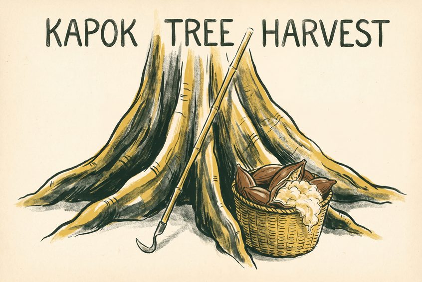 Illustration of the base of a large kapok tree. A hooked bamboo harvesting pole leans on the trunk, and a basket of brown pods sits beside it with one pod split open to show pale, fluffy fiber.