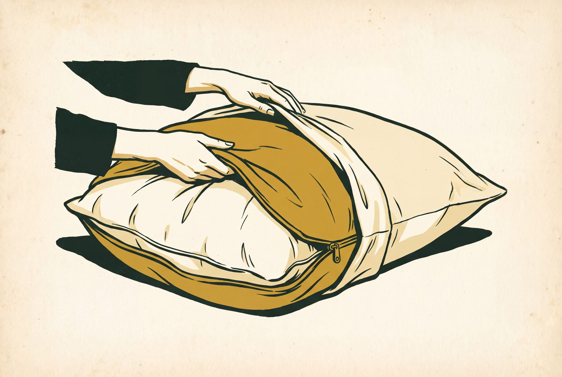 Hands pulling a pillowcase over a kapok pillow already zipped into a pillow protector, with the protector's zipper visible at the open end.