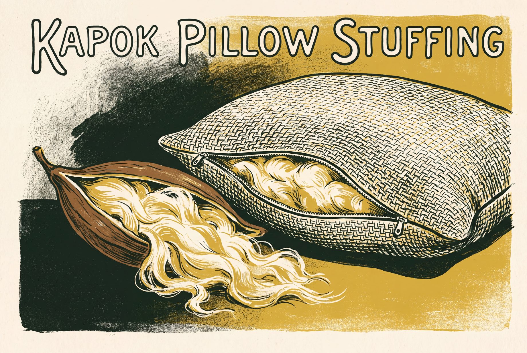Illustration of an opened brown kapok pod spilling pale, silky fibre beside a white bed pillow that is partly inside a zippered cotton cover.
