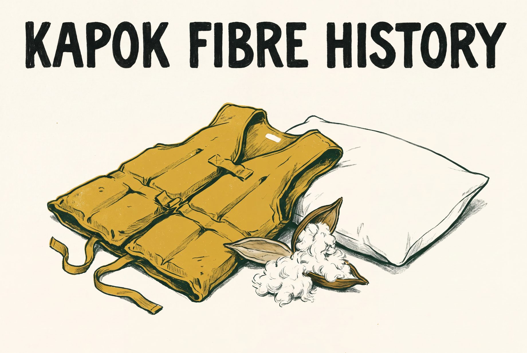 Illustration of an old canvas life vest lying next to a white pillow, with a split seed pod spilling fluffy kapok fibre between the two.