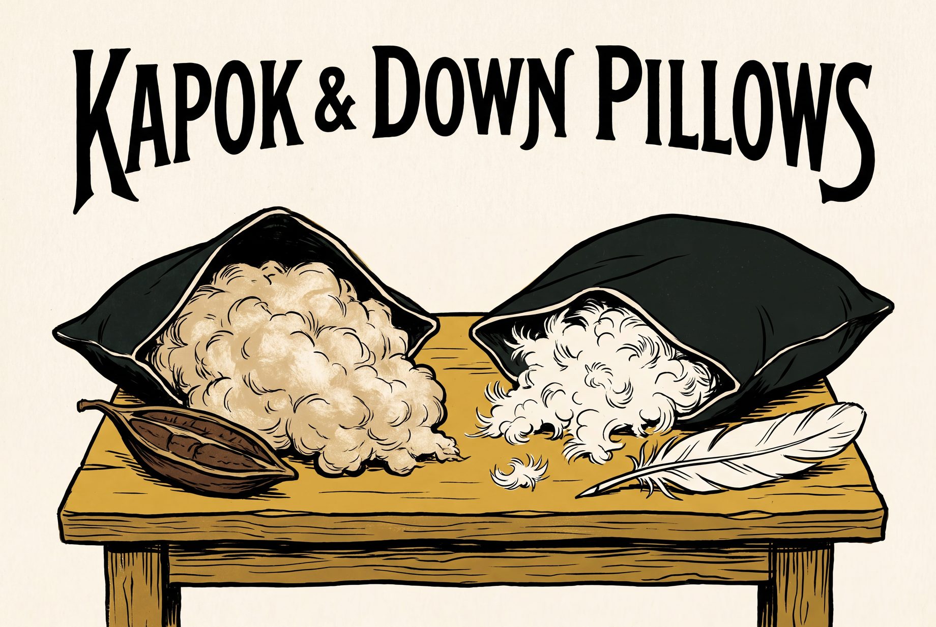 Two opened pillows side by side. The left one holds a dense heap of pale tan kapok fiber next to a split kapok seed pod. The right one holds loose, puffy white down clusters next to a single feather.